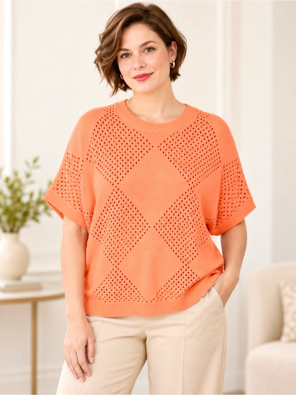 New York & Company Sweater Open-Stitch Diamond Pattern Short Sleeve Pullover
